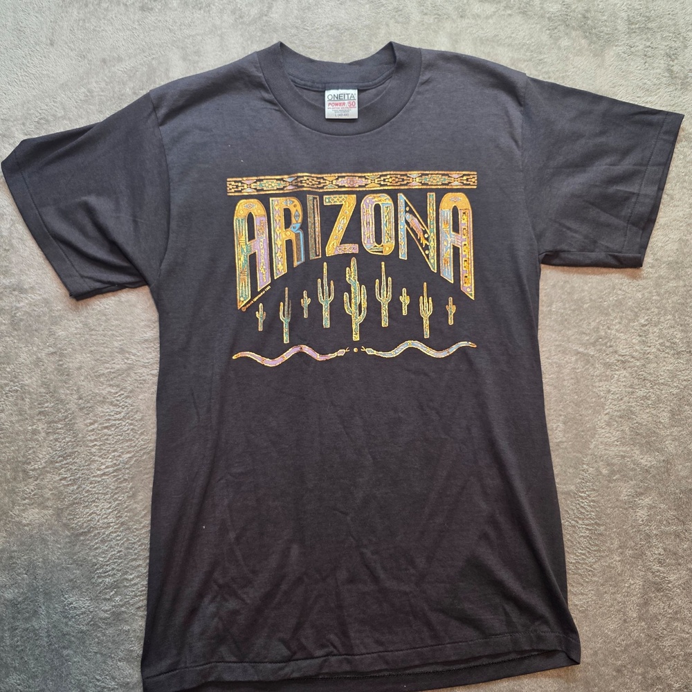 Vintage Arizona Shirt Mens L Black Cactus Southwestern Graphic T-Shirt ONEITA